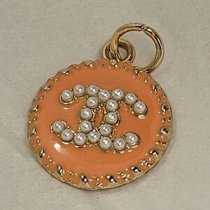 CC Charm Pendant Orange Peach Enamel Pearl Gold Tone Round Jewelry Accent